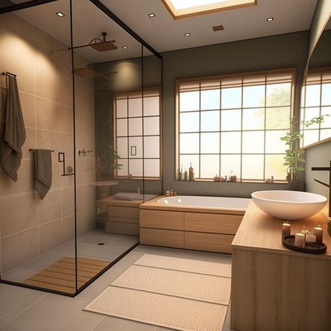 Modern Japanese Bathroom Design, Japandi Master Bath, Japan Modern House Japanese Style, Japanese Mansion Modern, Japan Bathroom Design, Luxury Japanese House, Modern Japanese Bathroom, Japanese Apartment Interior, Scandinavian Bathroom Ideas