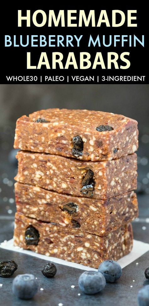 Homemade Blueberry Muffin Larabars (Whole30, Paleo, Vegan, Gluten Free) These homemade Larabars are cheaper than store-bought and take minutes to whip up! Made with just 3 Ingredients and whole30 approved! (vegan, whole 30, dairy free, refined sugar free)- #whole30 #vegan #whole30approved | Recipe on thebigmansworld.com Vegan Whole 30, Lara Bars Recipe, Homemade Larabars, Whole 30 Dessert, Whole30 Vegan, Homemade Blueberry Muffins, Whole 30 Snacks, Lara Bars, Desserts Vegan