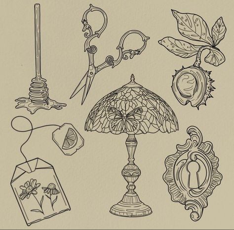 Vintage Item Tattoo, Book Opening Tattoo, Vintage Tatoos Ideas, Tattoo Ideas Sheet, Cottagecore Aesthetic Tattoo, Vintage Tattoo Flash Sheet, Flash Sheets Tattoo, Tattoo Drawings Vintage, Vintage Lamp Tattoo