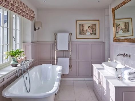 Bathroom Traditional, Wainscoting Bathroom, Decorative Molding, White Wainscoting, White Molding, Girl Bathrooms, Lake District National Park, Timeless Interiors, Purple Walls