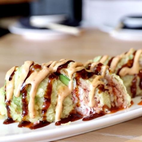 Wokcano’s Monkey Brain Sushi Roll Is Truly Insane Monkey Brain Sushi Recipe, Monkey Brains Recipe, Homemade Sushi Rolls, Fried Avocado, Monkey Brain, Monkey Brains, Sushi Recipe, Main Course Dishes, Homemade Sushi