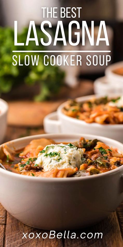 You are going to agree that this is the best slow cooker lasagna soup recipe! There are quite a few ingredients that go into a crockpot lasagna soup but, trust me, it's an easy crockpot Italian dinner and this hearty slow cooker soup tastes amazing! Give this crockpot lasagna soup a try soon. It is a tasty and hearty slow cooker soup that is the ultimate comfort food if you ask me! The hardest part is waiting for it to be ready! #crockpot #slowcooker #soup #italian #lasagna #dinner Slow Cooker Lasagna Soup, Lasagna Soup Crockpot, Crockpot Italian, French Soup, Lasagna Soup Recipe, Crockpot Lasagna, Slow Cooker Lasagna, Italian Soup, Lasagna Soup