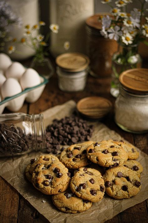 Salted Chocolate Chip Cookies — Must Love Herbs Home Baking Photography, Fresh Baked Cookies Aesthetic, Chocolate Cookies Photography, Baking Aesthetic Cookies, Cookie Food Photography, Chocolate Chip Cookies Aesthetic, Cookies Baking Aesthetic, Baking Pics, Fresh Cookies