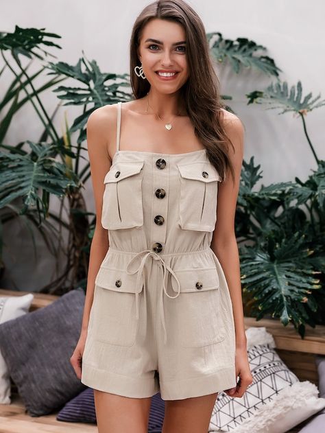 Simplee Button Front Drawstring Waist Utility Cami Romper | SHEIN Beach Jumpsuits, Tailored Jumpsuit, Polka Dot Jumpsuit, Cami Romper, Jumpsuit Dressy, Casual Tanks, Knit Jumpsuit, Flounce Sleeve, Pop Fashion