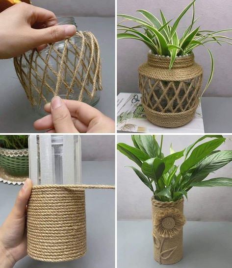 Macrame Jar Cover Diy, Jar Cover Diy, Macrame Jar Cover, Twine Vase, Diy Crafts Vases, Diy Flower Vase, Jute Twine Crafts, Flower Vase Crafts, Jute Flowers