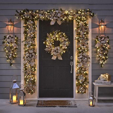 The Cordless Prelit Silver And Champagne Holiday Trim - Hammacher Schlemmer Outside Christmas Lights House, Christmas Lights On House Exterior, Pretty Christmas Decorations, Silver Christmas Decorations, Elegant Christmas Trees, Christmas Front Doors, Christmas Porch Decor, Christmas Themes Decorations, Gold Christmas Tree