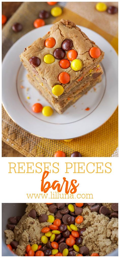 Soft and Chewy Reeses Pieces Blondies are a quick and delicious bar recipe. They are the perfect mixture of chocolate and peanut butter! #reesespiecesblondies #reesespieces #blondierecipe #blondies #peanutbutterblondies Peanut Butter Bars With Reeses Pieces, Reeses Pieces Brownies Recipe, Reese’s Peanut Butter Blondies, Reeces Pieces Brownies, Reeces Pieces Dessert, Reese Pieces Recipes, Reece’s Pieces Cake, Desserts With Reeses Pieces, Reeses Pieces Bars