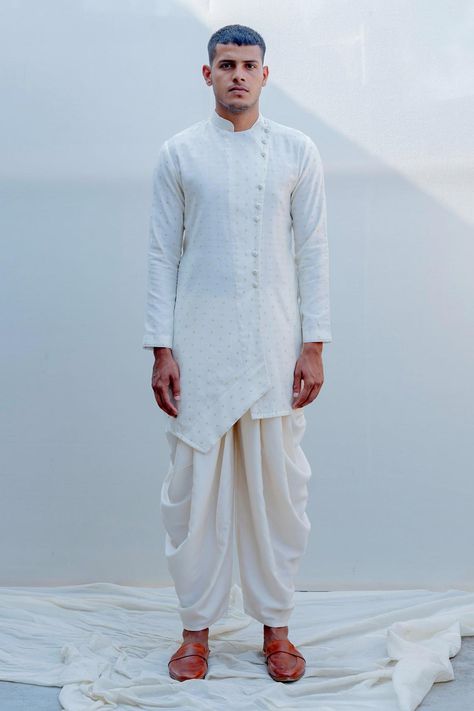 Buy Bohame White Cotton Chanderi Asymmetric Kurta And Dhoti Pant Set Online | Aza Fashions White Dhoti Kurta For Men, Dhoti Pants Outfit, White Kurta Men, Pants Design For Men, Kurta Designs Men's, Dhoti Pants For Men, Asymmetric Kurta, Co Ords Outfits, Haldi Outfits