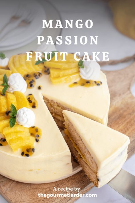 Mango Passion Fruit Cake Recipe - The Gourmet Larder Passion Fruit Mango Cake, Wedding Cake Passion Fruit, Mango And Passionfruit Cake, Coconut Passion Fruit Cake, Tropical Flavored Cakes, Mango Wedding Cake, Mango Passionfruit Cake, Fruit Flavored Cakes, Tropical Fruit Cake