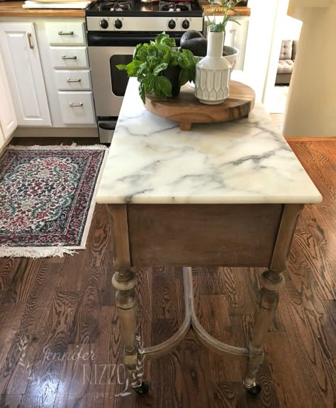 Using a marble slab on an island Jennifer Rizzo Marble Top Kitchen, Marble Top Kitchen Island, Antique Kitchen Island, Narrow Kitchen Island, Repurposed Kitchen, Kitchen Island Tops, Marble Kitchen Island, Ideas For Sewing, Island Table