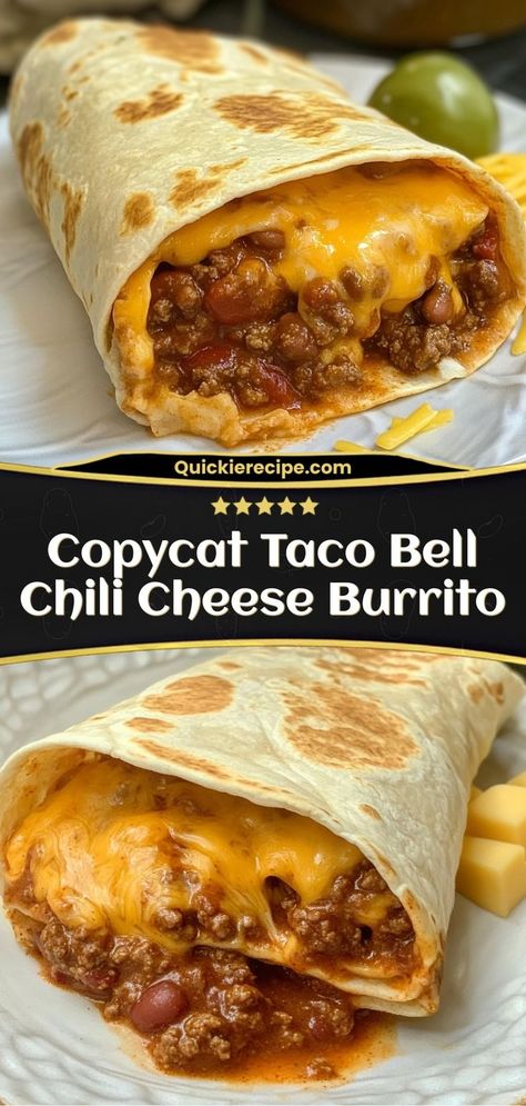 This copycat Taco Bell chili cheese burrito is cheesy, beefy, and bursting with flavor. Recreate the fast food favorite at home with this easy recipe! Ingredients: 1 lb ground beef 1 can chili beans 2 cups shredded cheese 6 flour tortillas Ground Beef Tortillas Recipes, Copy Cat Chili Cheese Burritos, Taco Burritos Ground Beef, Chili Cheese Crunchwrap, Taco Bell Tacos Recipe, Hamburger Meat Burrito Recipes, Ground Beef With Tortillas, Beans And Cheese Burrito, Flour Tortilla Recipe Meals Dinners