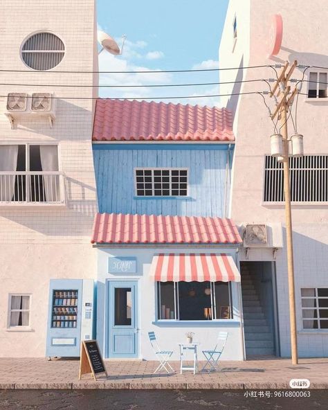 Japan Exterior, Anderson Aesthetic, Wes Anderson Aesthetic, Colorful Architecture, Wes Anderson Style, Cafe Culture, Building Illustration, Burger Bar, Shopify Website