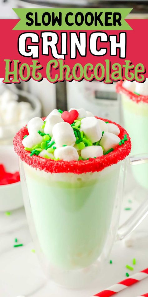 Grinch Hot Chocolate Crock Pot, Crockpot Grinch Hot Chocolate, Grinch Cocoa, Grinch Christmas Party Ideas, Grinch Breakfast, Grinch Hot Chocolate, Crockpot Drinks, Christmas Smoothies, Christmas Drinks Recipes