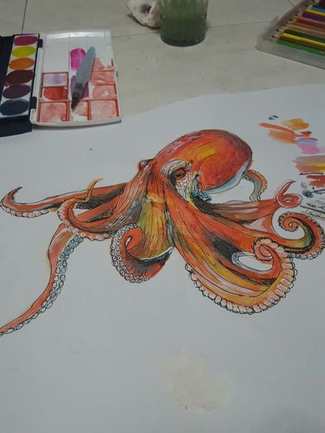 Octopus Drawing Watercolor, Cool Octopus Drawing, Octopus Drawings, Watercolour Octopus, Octopus Mosaic, Artbook Design, Watercolor Octopus, Octopus Watercolor, Octopus Colors