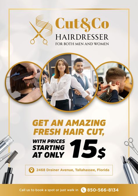 This is a poster about cut&co hairdresser, clean and premium themed Class Poster Ideas, Haircut Salon, Salon Openings, Hair Poster, Free Haircut, Class Poster, Graphic Design Ads, Fresh Hair, Hair Dresser