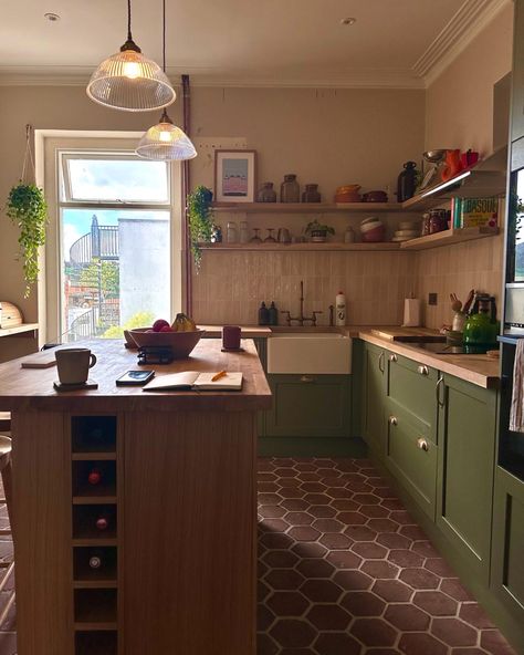 Green kitchen with oak worktops and terracotta hexagon tiles, first floor apartment kitchen Terracotta Tile Floor Kitchen, Terracotta Floor Kitchen, Kitchen Terracotta Floor, Kitchen With Terracotta Floor, Terracotta Kitchen Floor, Terracotta Tiles Kitchen, First Floor Apartment, Oak Worktops, Wood Worktop