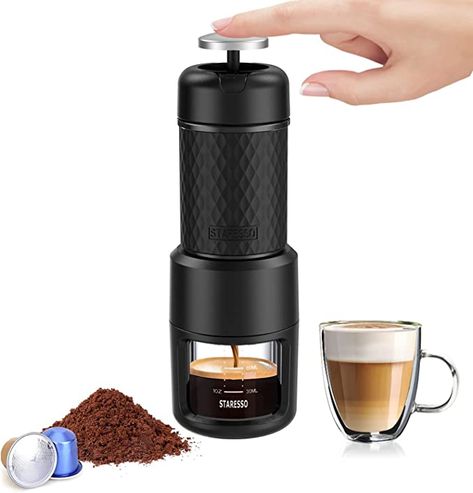 Amazon.com: STARESSO (Upgrade) Portable Espresso Machine - Manual Espresso with Rich & Thick Crema, Mini Coffee Maker Using Ground Coffee & Espresso Pods, Portable Espresso Maker for Travel Camping Office Home: Home & Kitchen Coffee Machine Design, Travel Coffee Maker, Portable Espresso Maker, Espresso Pods, Portable Coffee Maker, Nespresso Pods, Amazon Coffee, Smart Bulb, Espresso Maker