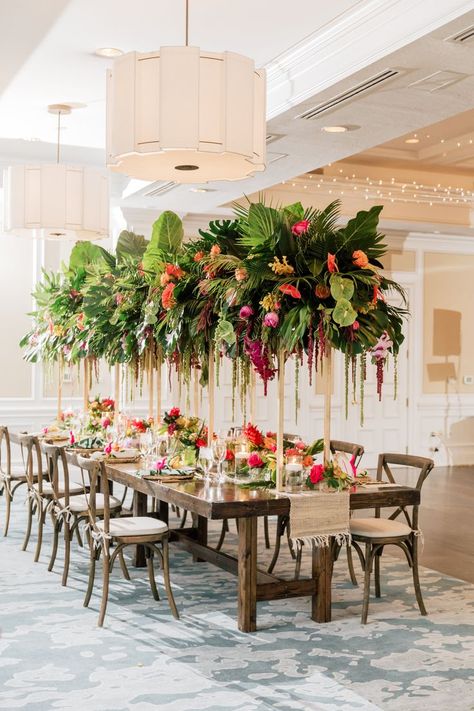 Tropical Garden Wedding, Garden Wedding Centerpieces, Tropical Wedding Decor, Tropical Wedding Inspiration, Wedding Reception Planning, Crossback Chairs, Unique Wedding Flowers, Wedding Floral Centerpieces, Farm Tables