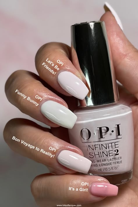 OPI Let's Be Friends VS OPI Funny Bunny VS OPI Bon Voyage to Reality! VS OPI It's a Girl! Opi Gel Nail Polish Colors, Nail Colors Opi, Opi Gel Nail Polish, Opi Nail Polish Colors, Opi Gel Nails, Pink Nail Colors, Opi Nail Colors, Bunny Nails, May Nails