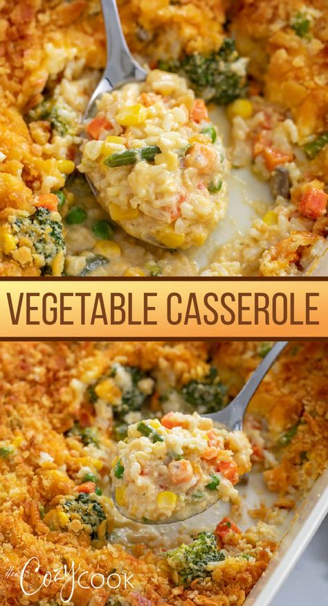 This Vegetable Casserole is made with cream of mushroom soup and a buttery Ritz cracker topping! It's filled with vegetables and savory rice, making it a perfect meatless dinner or holiday side dish! Veggie Casserole Recipes, Ritz Cracker Topping, Vegetable Casserole Recipes, Casserole Side Dishes, Vegetarian Casserole, Veggie Casserole, Holiday Side Dish, Ritz Cracker, Savory Rice