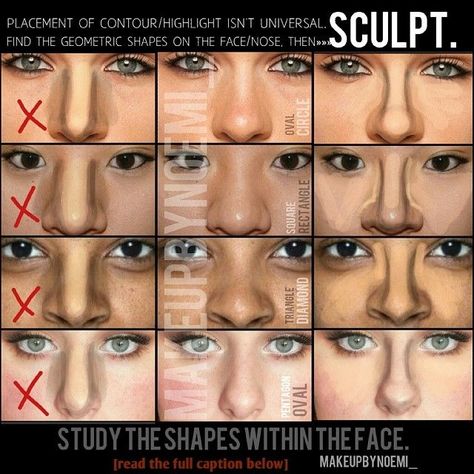 That [U] contour I see everywhere DOESNT work on every nose. THERE ARE SHAPES WITHIN SHAPES! 1. Dark: Oval / Light: Circle 2. Dark: Rectangle / Light: Square 3. Dark: Triangle / Light: Diamond 4. Dark: Oval / Light: Pentagon YOU SHOULD NOT BE ABLE TO SEE WHERE ONE CONTOURED/HIGHLIGHTED abd this comes by using the CORRECT tone/shade. Progression of color. It should look as if a natural shadow is being casted on the face and natural light is hitting the higher points Teknik Makeup, Nose Makeup, Drag Make-up, Makeup Tip, Nose Contouring, Nose Shapes, Smink Inspiration, Beauty Make-up, Face Contouring