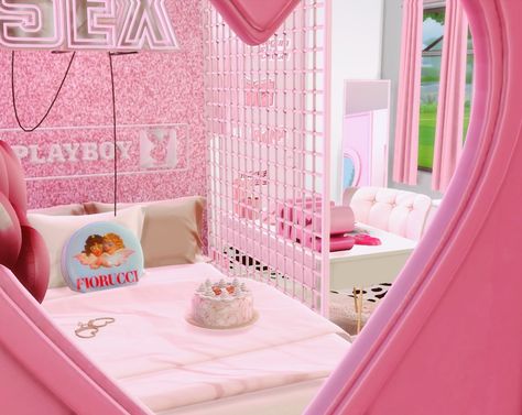 sims 4 — pink heart y2k room💕 Thanks to all the cc... Pink Heart Y2k, Sims 4 Beds, Y2k Room, Sims 4 Cc Kids Clothing, Sims 4 Anime, Sims 4 Bedroom, Pink Furniture, The Sims 4 Packs, Search Pins