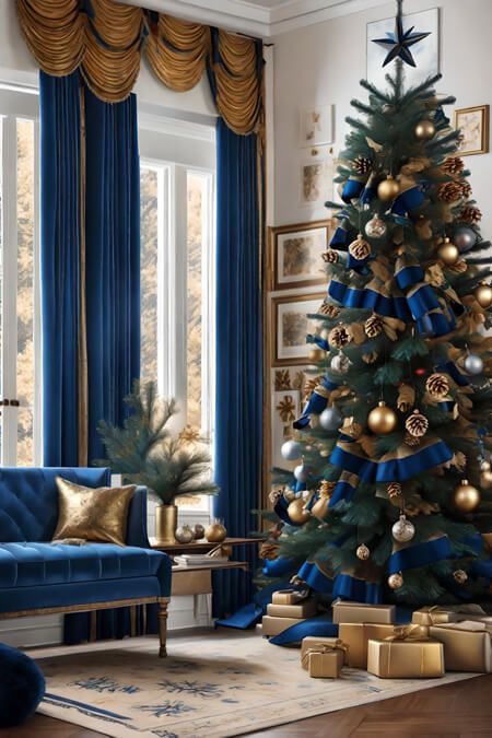 Blue And Gold Christmas, Christmas Tree Colour Scheme, Christmas Living Room Decor Ideas, Christmas Living Room Decor, Blue Christmas Decor, Christmas Living Room, Blue Christmas Tree, Sophisticated Decor, Christmas Decorations Living Room