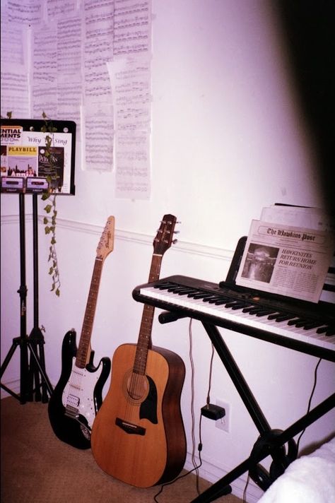 keyboard, music corner, guitar, room decor, film, room inspo, film aesthetic, music aesthetic, room decor, music room, keyboard aesthetic, instrument aesthetic, guitar aesthetic Guitar And Keyboard Aesthetic, Band Practice Room Aesthetic, Aesthetic Music Room, Music Aesthetic Room, Guitar Room Decor, Instrument Aesthetic, Instrument Room, Keyboard Aesthetic, Musician Room