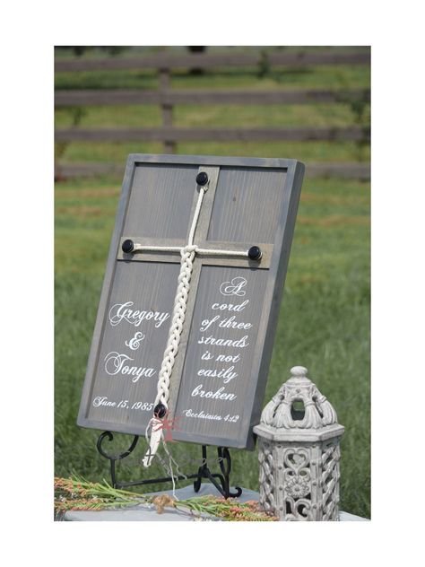 "This custom braided cross, unity wedding sign, otherwise know as God's knot, 'Eccl 4 12' or 'A cord of three strands', is the perfect personalized wedding sign alternative for your unity ceremony in placement of the unity candle or unity sand ceremony for a non traditional unity ceremony. It is a fitting piece to have at your vow renewal ceremony or anniversary party! It is also the perfect personalized Wedding gift, Anniversary gift, Valentines Day gift or simply a just because couples gift! I Unity Ceremony Braid, Wedding Unity Ceremony Ideas, Wedding Unity Ceremony, Unity Ceremony Ideas, Ecclesiastes 4 12, Cross Sign, Wedding Ceremony Unity, Unity Sand Ceremony, Cord Of Three Strands