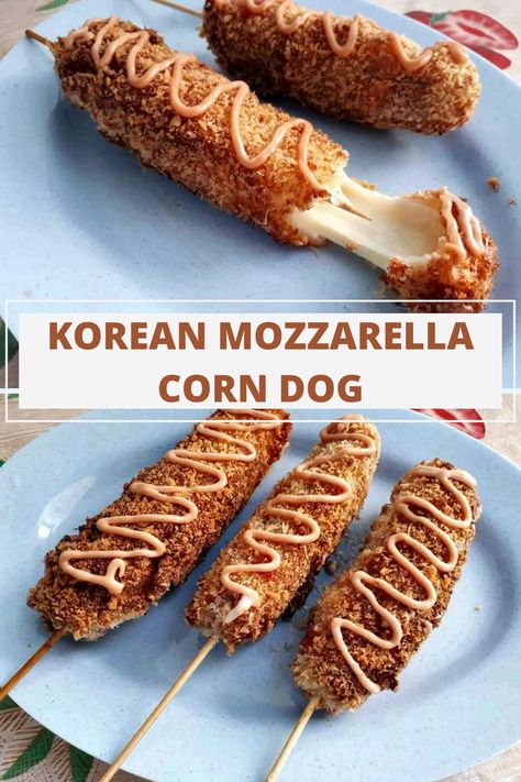 Chinese Corn Dog, Korean Corn Dog Cheese, Deep Fried Corn Dogs, Korean Cheese Corn Dog Recipe, Korean Rice Dog, Homemade Korean Corndogs, Japanese Corn Dog, Korean Mozzarella Corn Dog, Mozzarella Corn Dogs