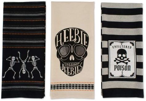 Skeleton Skulls Embellished Kitchen Towels. 100% cotton towels in dancing skeletons, Heebie Jeebies sugar skull, and Skull & Bones Poison striped design. Add some Halloween fun or everyday goth to the kitchen. 18"x28" Set of 3. #KitchenTowels #HolidayTowels #skeleton #HeebieJeebies #SkullAndCrossbones #poison #StripedTowels #KitchenAccessories #SkullDecor #Halloween #GothDecor #ad Viking Sewing, Goth Decor, Kitchen Dish Towel, Skull Decor, Striped Towels, Skull And Crossbones, Joanns Fabric And Crafts, Halloween Season, Kitchen Essentials