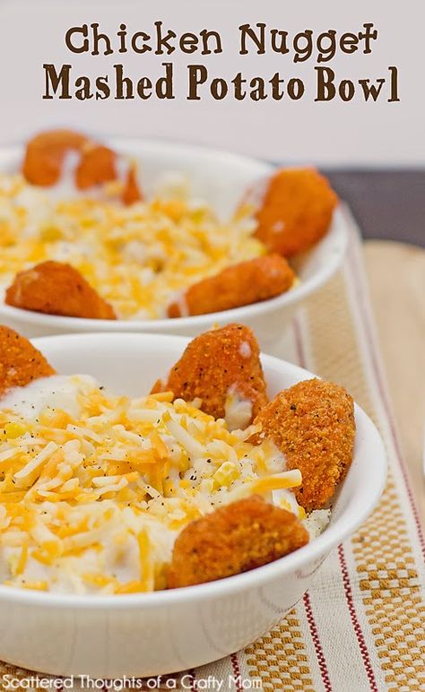 Fun Kid's meal idea: Easy Chicken Nugget Mashed Potato Bowls #chickennuggets #mashedpotato #kiddinnerideas #kidsmealideas Chicken Nugget Lunch Ideas, Dinner Ideas For Family With Kids, Chicken Nugget Recipes Dinners, Chicken Nugget Meal Ideas, Chicken Nugget Dinner Ideas, Kiddie Treats, Mashed Potato Bowls, Kid Dinners, Potato Bowls