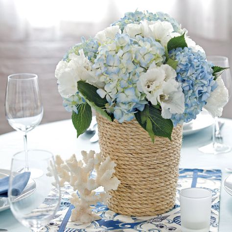 DIY Rope Tied Floral Centerpieces Wedding Table Centerpieces Diy, Table Centerpieces Diy, Hydrangeas Wedding, בר מצווה, Wedding Centerpieces Diy, Flower Centerpieces Wedding, Diy Centerpieces, Deco Floral, Nautical Wedding