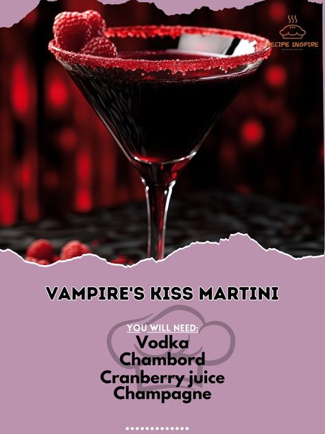 🧛‍♂️🥂 Embrace your dark side with this sultry martini that’s perfect for a thrilling night in! 🍒💋 #VampiresKiss #MartiniMagic Vampire's Kiss Martini Ingredients: Vodka (2 oz) Chambord (1 oz) Cranberry juice (2 oz) Champagne (top off) Fresh raspberries (for garnish) Red sugar (for rimming the glass) Instructions: Rim the glass with red sugar. In a shaker, mix vodka, Chambord, and cranberry juice with ice. Shake well and strain into the glass. Top off with champagne and garnish with fresh r... Chambord Martini, Embrace Your Dark Side, Martini Ingredients, Vampire Kiss, Deco Halloween, Red Sugar, Cocktail Night, Fresh Raspberries, Recipe Boards