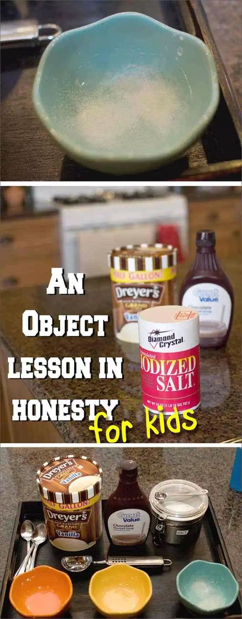 This is such a creative way to talk to kids about lying! This Object Lesson for Kids on Honesty is so easy and will keep kids engaged! From overthebigmoon.com! #lying #kidsandlying #teachinghonesty #fhe #familyhomeevening #christianvalues #alwaystellthetruth Ice Cream Object Lesson, Honesty Lesson, Sunday School Object Lessons, Devotions For Kids, Family Home Evening Lessons, Kids Church Lessons, Bible Object Lessons, Childrens Sermons, Fhe Lessons