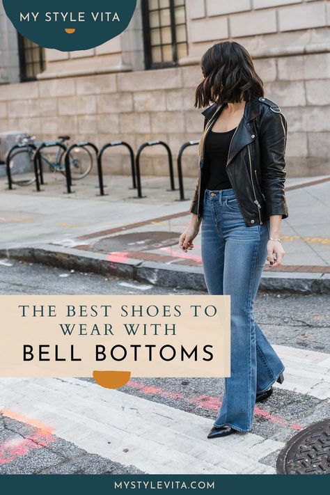 Want to switch up your everyday skinny jeans? Check out these tips and outfit ideas for styling bell bottoms. Plus tips on the best shoes to wear with bell bottoms so you always look fashion forward.     Get the tips today! #mystylevita #jeans #outfit #boho Styling Bell Bottom Jeans Winter, 70s Jeans Women, How To Wear Bell Bottom Jeans Outfits, Bell Bottoms With Boots, Shoes To Wear With Bell Bottom Jeans, Shoes With Bell Bottom Jeans, Bell Bottom Jeans Outfit Casual, Bell Bottom Jeans Outfit Fall, Bellbottom Jean Outfits