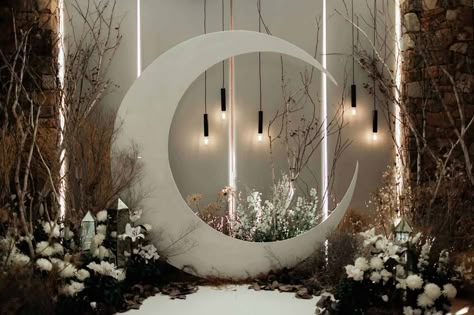 cresent moon wedding arbour Celestial Backdrop, Celestial Inspiration, Celestial Wedding Theme, Electrical Contractor, Moon Wedding, Celestial Wedding, Event Table, Reception Design, Winter Wedding Inspiration