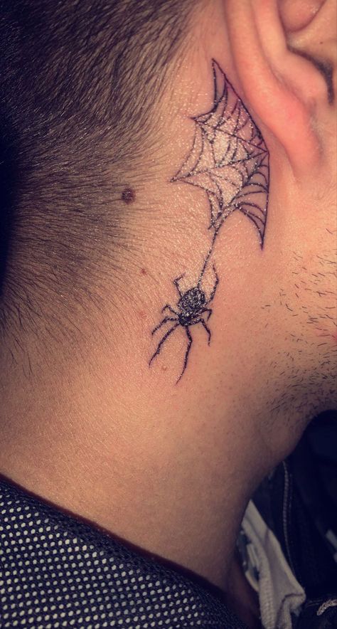 🥷 Spider Neck Tattoo Men, Smaller Tattoos For Men, Spider Web Neck Tattoo, Spider Hanging From Web Tattoo, Spider Neck Tattoo, Spider Web Tattoo, Web Tattoo, Cool Arm Tattoos, Elbow Tattoos