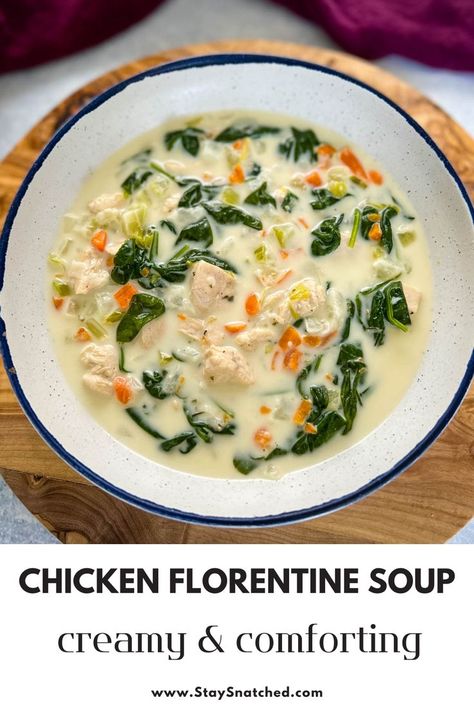 This image shows a recipe for chicken florentine soup. Creamy Chicken Florentine, Cream Of Spinach Soup, Chicken Florentine Soup, Florentine Soup, Spinach Soup Healthy, Creamy Spinach Soup, Wine Cream Sauce, Spinach Recipes Healthy, Chicken Potato Soup