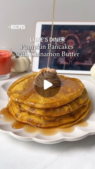 Recipes on Instagram: "Inspired by Luke’s Diner from Gilmore Girls, these Pumpkin Pancakes with Cinnamon Butter are a fall essential. 🎃 They make the perfect autumn breakfast.  Pumpkin Pancakes: -1/2 cup pumpkin puree -1.25 cups milk -2 eggs -2 tbsp. sugar -1 tsp. vanilla -3 tbsp. melted butter -1.75 cups flour -1/4 tsp. salt 1 tbsp. baking powder -1 tsp. pumpkin pie spice -1/4 tsp. ground cloves Cinnamon Butter: -1 stick softened butter -1/4 cup powdered sugar -1/4 cup honey -1 tsp. cinnamon -pinch of salt  #lukesdinerpumpkinpancakes #gilmoregirls #pumpkinpancakes #pumpkin #pancakes #cinnamonbutter #fall" Gilmore Girls Luke’s Pumpkin Pancakes, Pumpkin Spice Pancakes Recipe, Pancakes With Cinnamon, Autumn Breakfast, Pumpkin Spice Pancakes, Pumpkin Pancake Recipe, Lukes Diner, Cinnamon Butter, Pumpkin Pancakes