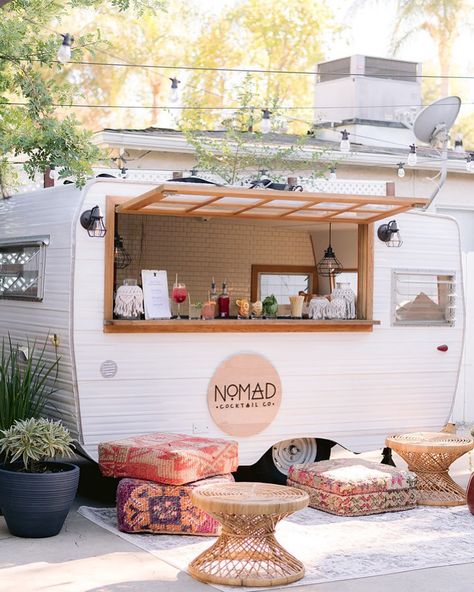 Vintage Camper Coffee Trailer, Vintage Coffee Trailer, Boho Food Truck, Mobile Tea Shop, Boho Mobile Bar, Charcuterie Truck, Aesthetic Food Truck, Smoothie Trailer, Caravan Food Truck