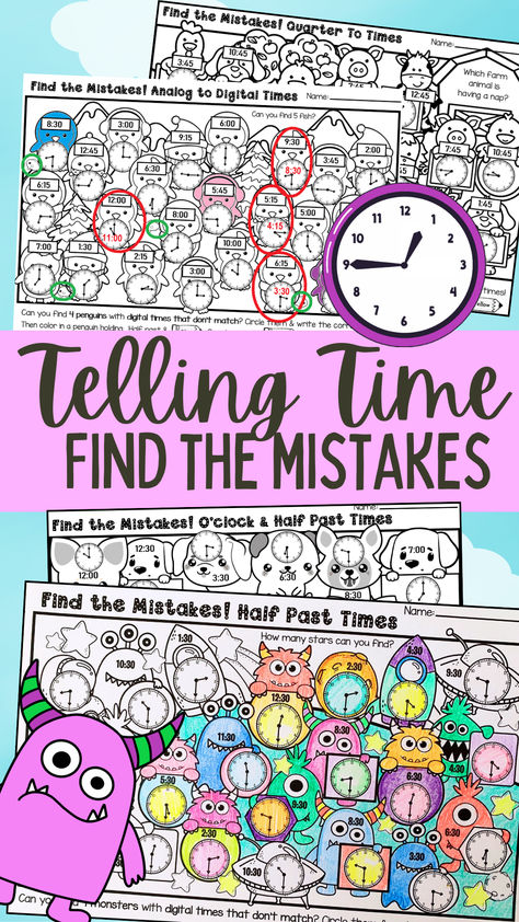 This fun set of Find the Mistakes activity pages (a bit like I Spy Math or I Spy worksheets) is a great way for 1st grade, 2nd grade or 3rd grade students to practice their understanding of analog time and clock hand positions. Students compare each analog and digital time on the page (choose from o’clock, half past, quarter past and quarter to) and look for clocks that are incorrectly labelled.  Great for math centers or early finishers and ideal if your students love coloring in! Time Math Worksheets, I Spy Worksheets, Clock Worksheets, Telling Time Activities, Hand Positions, Telling Time Worksheets, 1st Grade Math Worksheets, Time Worksheets, 3rd Grade Classroom