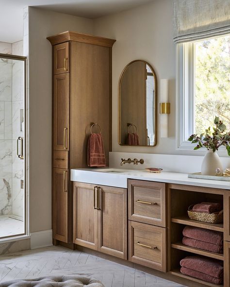 ATLANTA INTERIOR DESIGNER | A before and after of the primary bath from our new Serene Retreat project! We opened up this bathroom area to create a flowing, breathable… | Instagram Brown Cabinet Bathroom, Built In Bathroom Vanity, Primary Bathroom Ideas, Organic Modern Bathroom, Addition Ideas, Primary Bath, Primary Bathroom, Bathroom Red, Wooden Bathroom