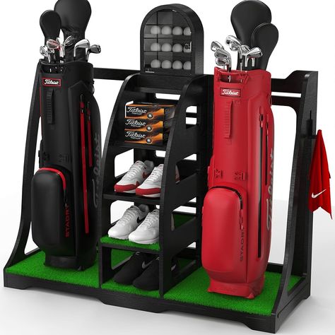 Amazon.com : Apex Sports Golf Bag Organizer - Handcrafted Wood Design, Golf Bag Stand, Ball Display, Golf Storage Shelves, Golf Garage Rack (Black) : Sports & Outdoors Golf Storage Ideas Diy, Golf Bag Organizer, Golf Organization Garage, Golf Garage, Golf Storage, Garage Racking, Golf Room, Ball Display, Bag Stand