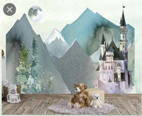 Castle Wall Mural, Accent Wall Nursery, Castle Nursery, Boys Room Mural, Wallpaper Installation, Nursery Accent Wall, Dragon Nursery, Kindergarten Wallpaper, Wallpaper Kids