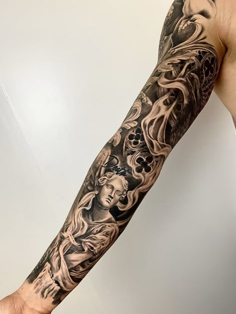 Tricep Cover Up Tattoo, Angel Sleeve Tattoo, Half Arm Sleeve Tattoo, Inside Of Arm Tattoo, Band Tattoos For Men, Gang Tattoos, Realistic Tattoo Sleeve, Forarm Tattoos, Cool Forearm Tattoos