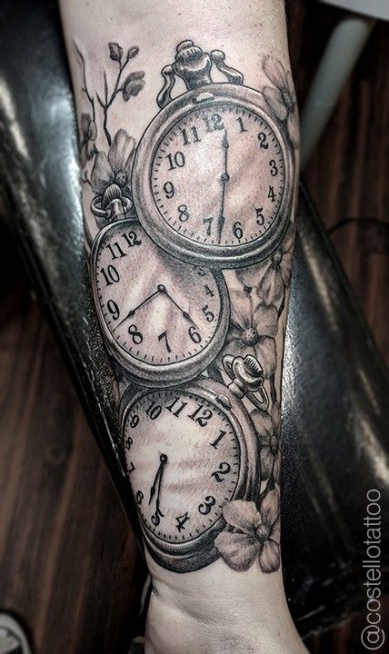 Birth Clock Tattoo Design, Birth Clock Tattoo, Stop Watch Tattoo, Clock Tattoo Sleeve, Pocket Watch Tattoo Design, Tattoo Homme, Watch Tattoo Design, Unique Half Sleeve Tattoos, Pocket Watch Tattoos