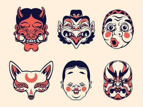 Japanese traditional mask collection | Premium Vector #Freepik #vector #character #cartoon #cute #japanese Japanese Mask Illustration, Japanese Mask Drawing, Japanese Mask Art, Japanese Traditional Mask, Japanese Cartoon Art, Oni Masks, Japanese Demon Mask, Japanese Mask Tattoo, Japanese Ghost