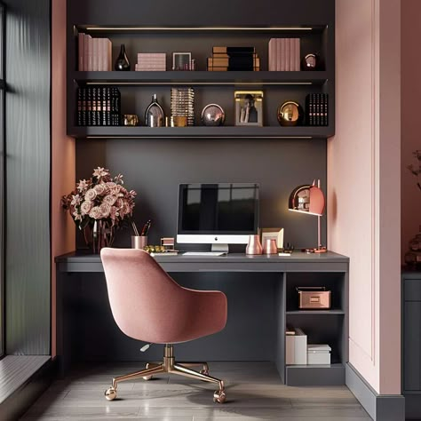 Chic Room Designs Using Slate and Rose Color Schemes • 333+ Art Images Black White Pink Office, Dusky Pink Office, Moody Office Feminine, Black And Pink Office Ideas, Dusty Rose Office, Black And Pink Office, Pink Study Room, Rose Gold Office Ideas, Home Office Color Scheme