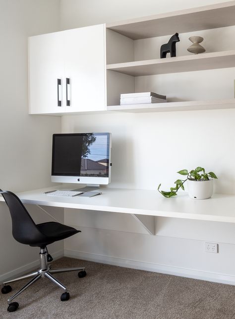 Floating Office Desk and shelves in polytec classic white and marni lini Office Wall Cabinets Above Desk, Open Shelving Desk, Floating Cabinets Office, Office Desk Facing Wall, Modern Desk Area, Office Floating Shelves Above Desk, Ikea Floating Desk, Home Office Floating Desk, Floating Shelves Above Desk